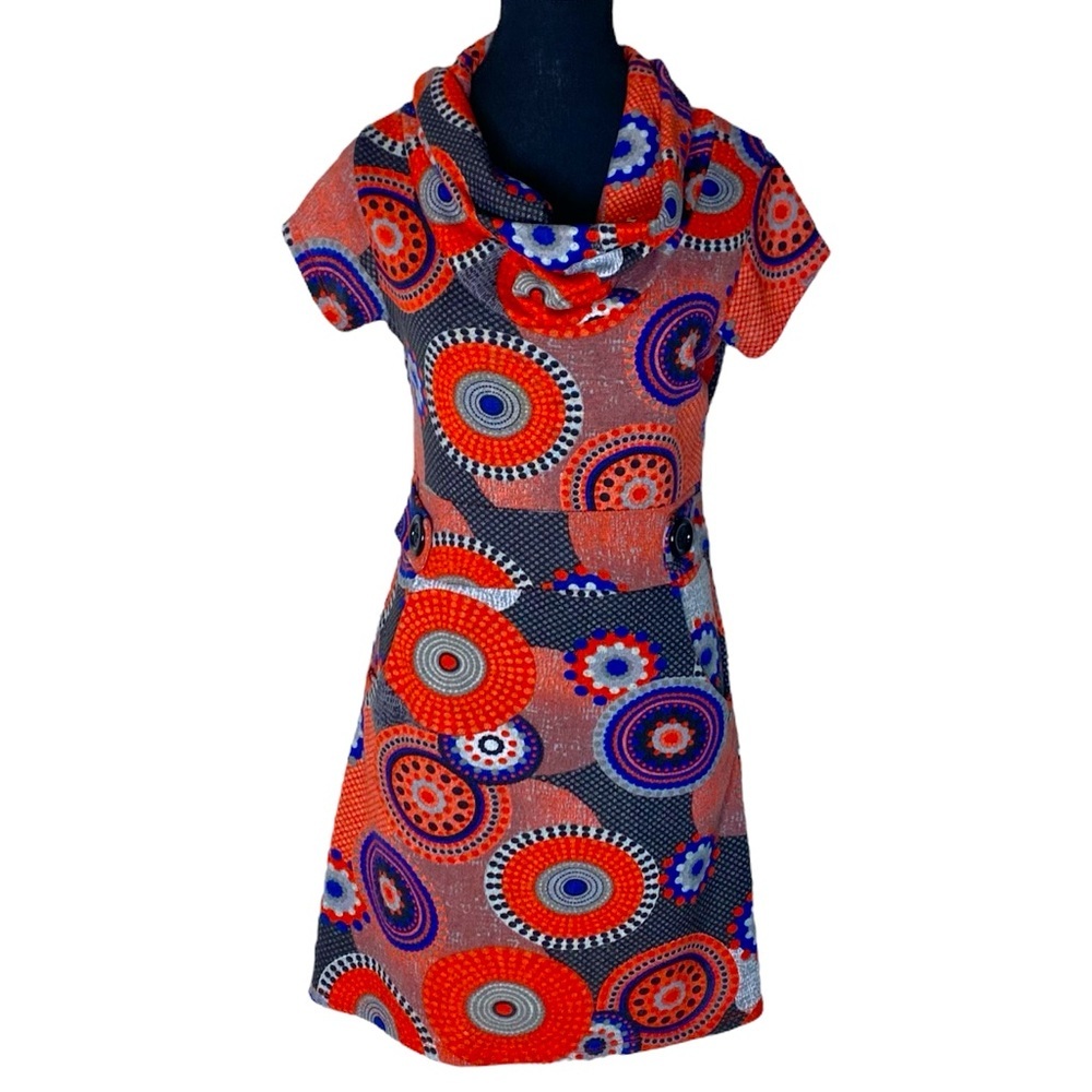 Geometric Pattern Mod Mini Dress 60’s Go-Go Cowl Neck Vintage Style Small